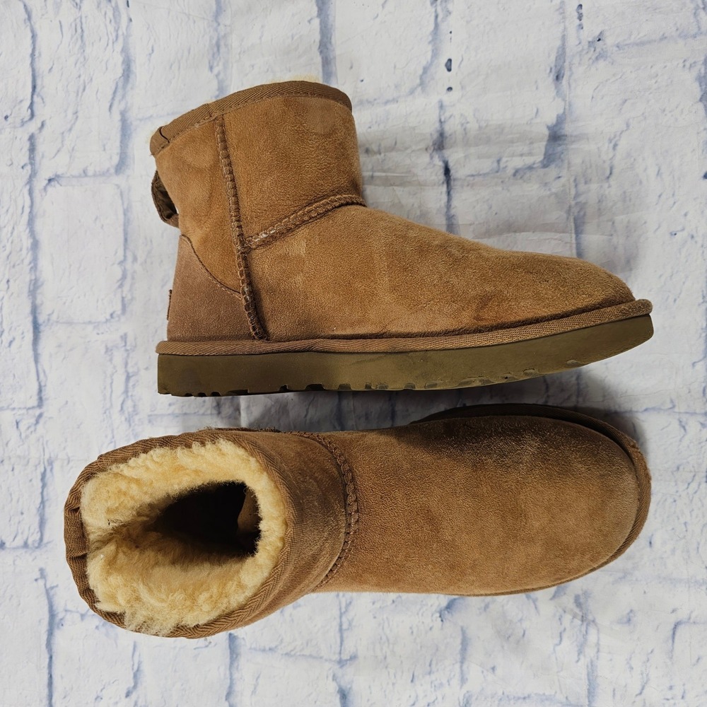 UGG Classic Mini II Boots Womens 7 Chestnut Brown Suede Shearling Ankle Booties - Picture 9 of 13